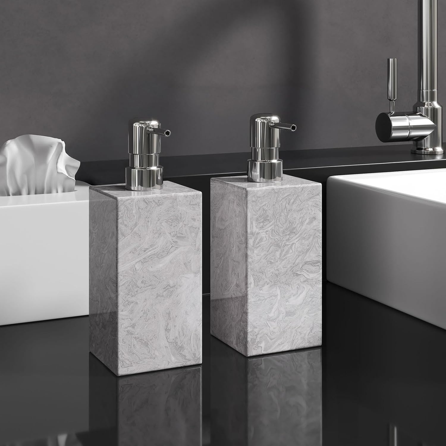 2 Set Real Natural Marble Soap Dispenser with Stainless Steel Pump – Decorative Liquid Hand Soap Bottle for Kitchen & Bathroom, Compatible with Lotion, Dish Soap & Shower Gel (Grey)