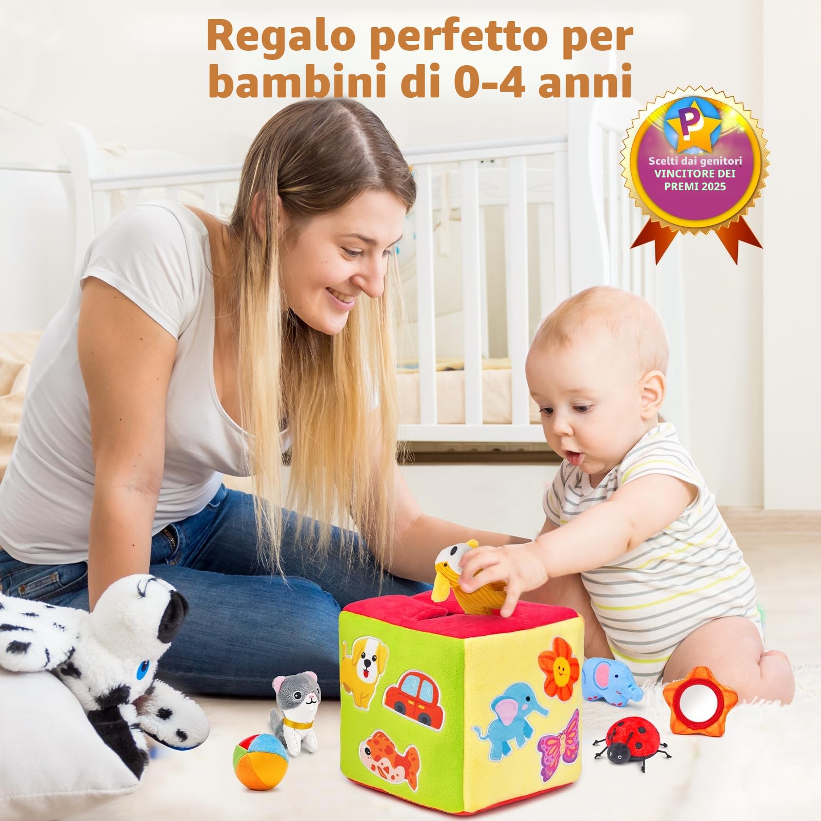 JoyCat Giochi Neonato 6-12 Mesi - Scatola Morbida misteriosa con 10 Pezzi di Giocattoli Sensoriali, Sonaglio, Specchio, Giochi Montessori Sensoriale per Bambini Regalo Bimbo Bimba