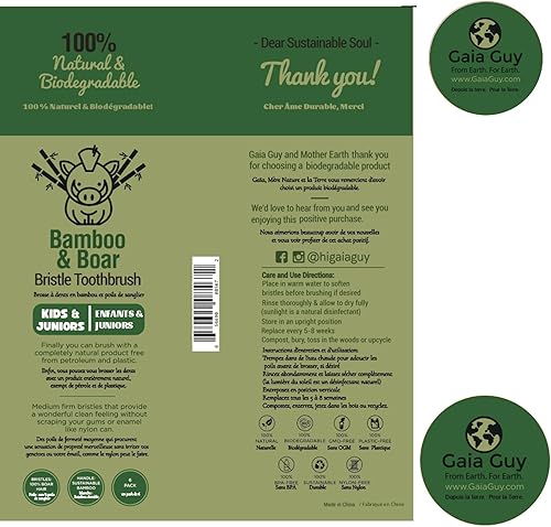 Miniatura 7 de Gaia Guy Cepillo de dientes de bambú de cerdas naturales para niños (sin nailon, solo pelo de jabalí), cepillos de dientes de bambú y cerdas de