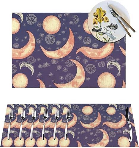 6 PCS PVC Placemats Set Place Mats Beautiful Moon Non-Slip Weave Place Mats 12" x 18" Farmhouse Table Mat Set for Family Dinners Wedding Parties