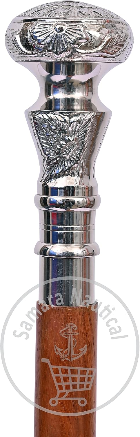 Samara Nautical Vintage Antique Walking Cane Wooden Walking Stick Silver Brass Handle Knob Gifts - Image 5