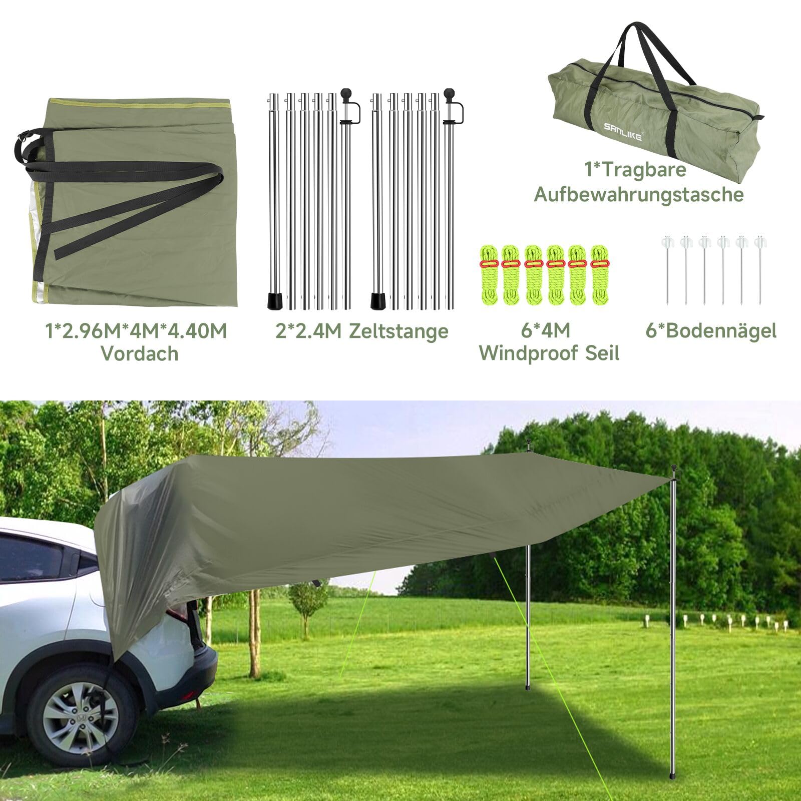Tenda da Sole per Auto Impermeabile Antistrappo con Palo Regolabile per Camper Veranda