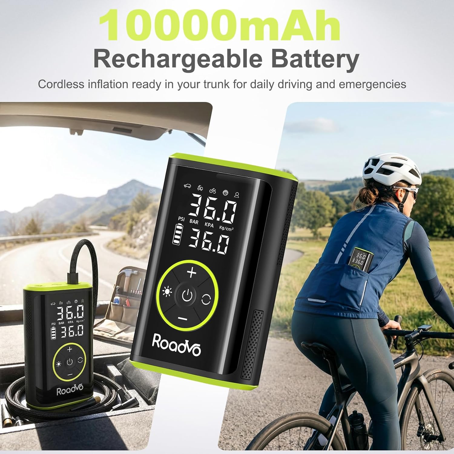 Roadvo [10000mAh] Tire Inflator Portable Air Compressor - 150PSI 3X Faster Cordless Air Pump for Car Tires, Portable Bike Pump with Digital Gauge, Auto Shut-Off, LED Light for Bike, Motorcycle, Ball