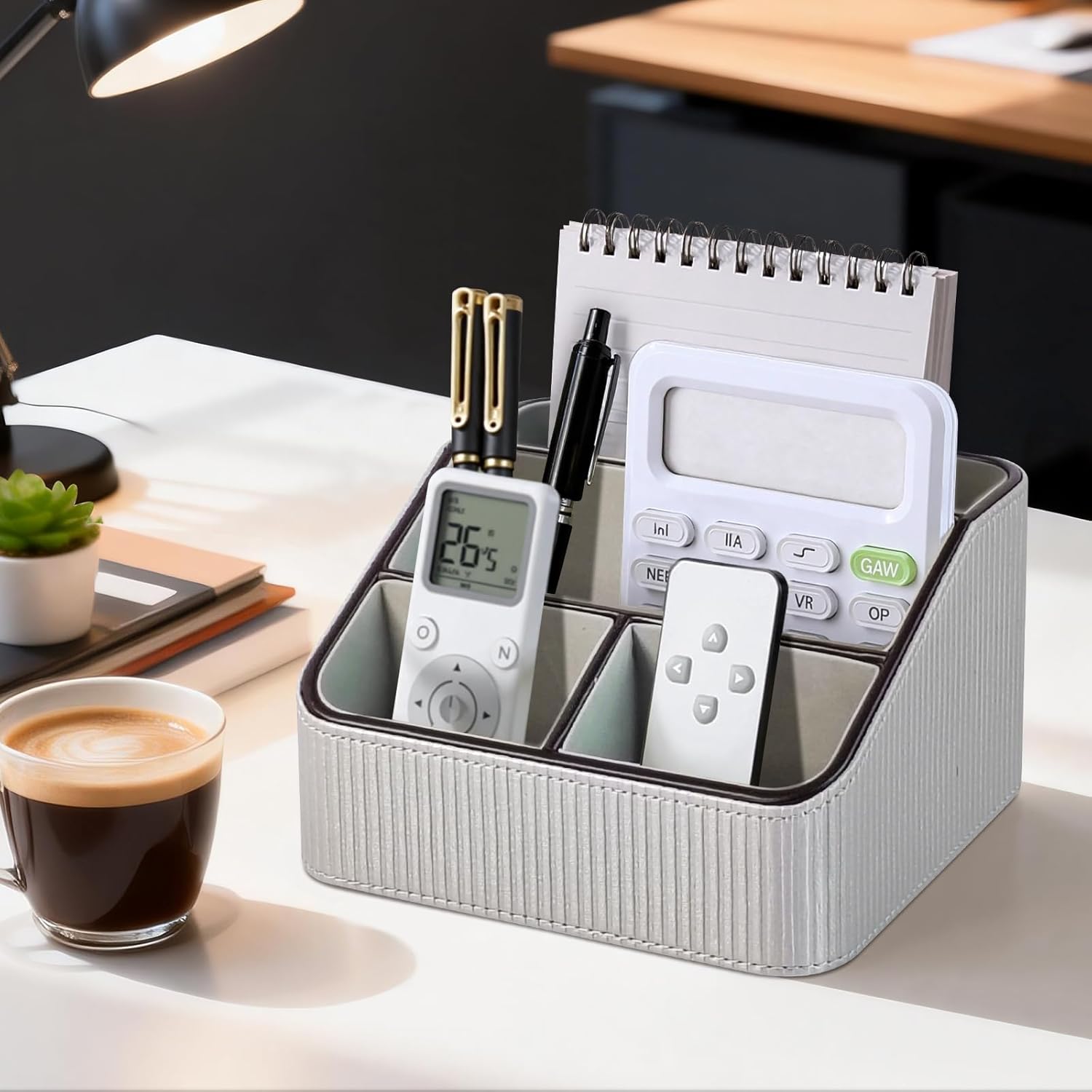 PU Leather Remote Control Holder with 4 Compartments, Small Desk Organizer Office Supply Bedside Caddy, All-in-One Small Bedside Remote Holder Nightstand Desktop Organizer