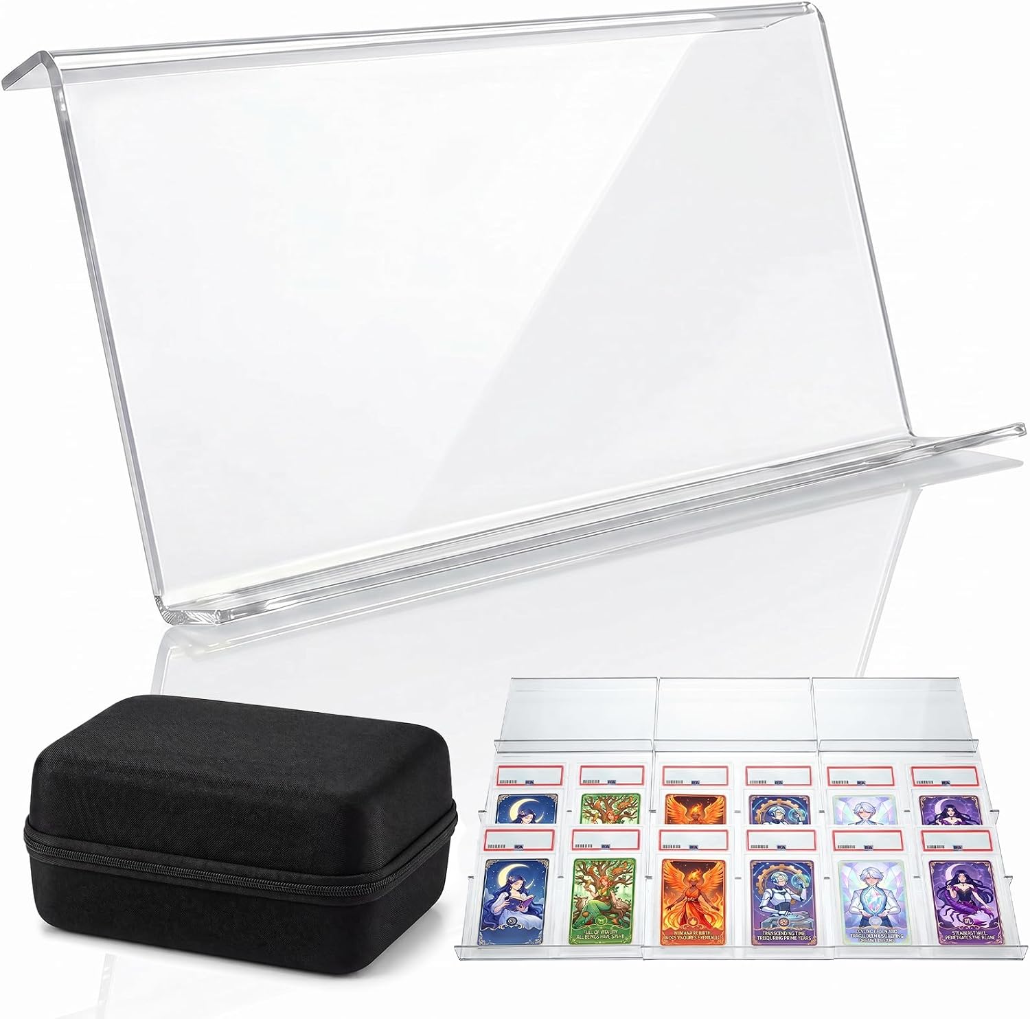 24 Pack Clear Acrylic Modular Card Risers for Display Cases with Portable Storage Bag, Trading Card Display Stands for Graded Cards, Singles, Sports Cards, Collectibles, Showcase Organization