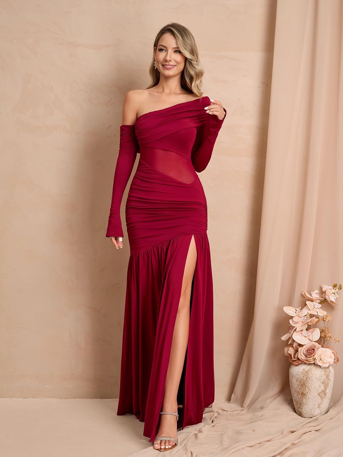 Women One Shoulder High Slit Maxi Dress Ruched Bodycon Cutout Long Sleeve Formal Wedding Guest Dresses - Image 3