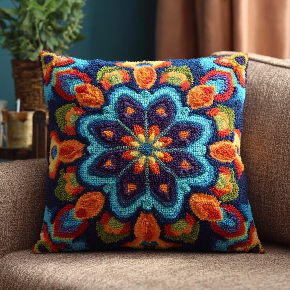 kitphoenix Crochet Pillow Making Kit,Mandala 43X43Cm Hand Knitted Cushion Material Set,Complete Craft Accessories with Tutorial,Warm Home Decoration for Living Room Bedroom