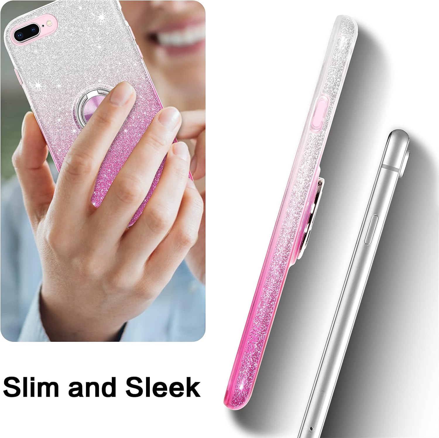 BENTOBEN iPhone 8 Plus Case, iPhone 7 Plus Case, Sparkly Glitter Slim Phone Case with 360° Ring Holder Kickstand Car Mount Supported Dual Layer Protective Cover for iPhone 8 Plus/iPhone 7 Plus, Pink