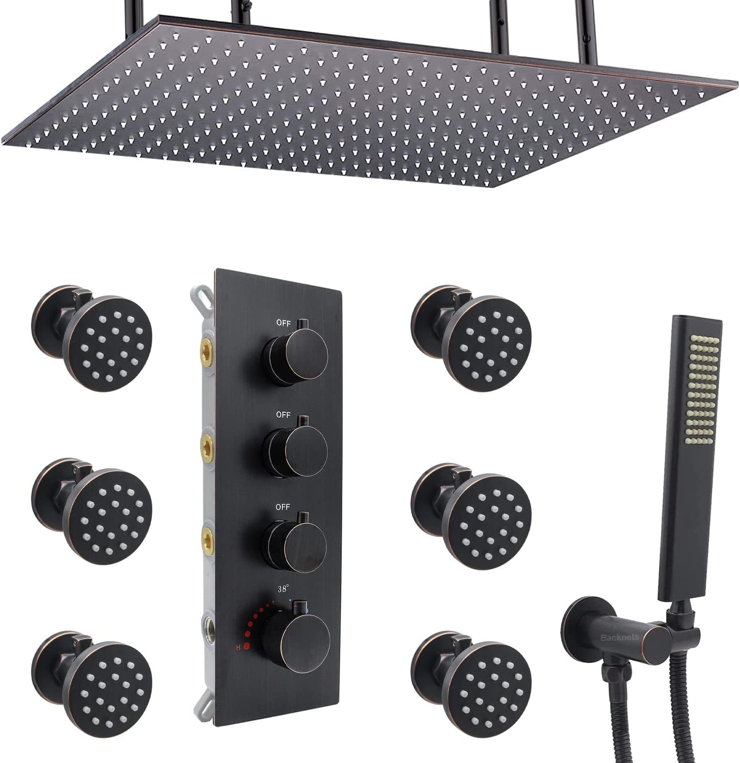 Shower System With On/Off Body Jets Chrome Shower Faucet Set 20x40" Ceiling Rain Shower Head and Full Body Massage Spray Jet, 3 Way Thermostatic Mixing Valve 1/2”