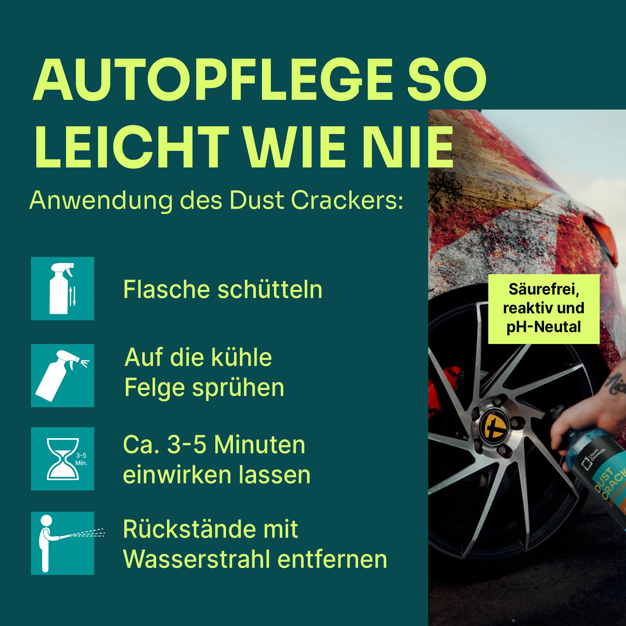 Liquid Elements – Felgenreiniger Dust Cracker Extreme 5 Liter – Reiniger für Alufelgen & Stahlfelgen – entfernt hartnäckigste Verschmutzungen – säurefrei & pH-neutral