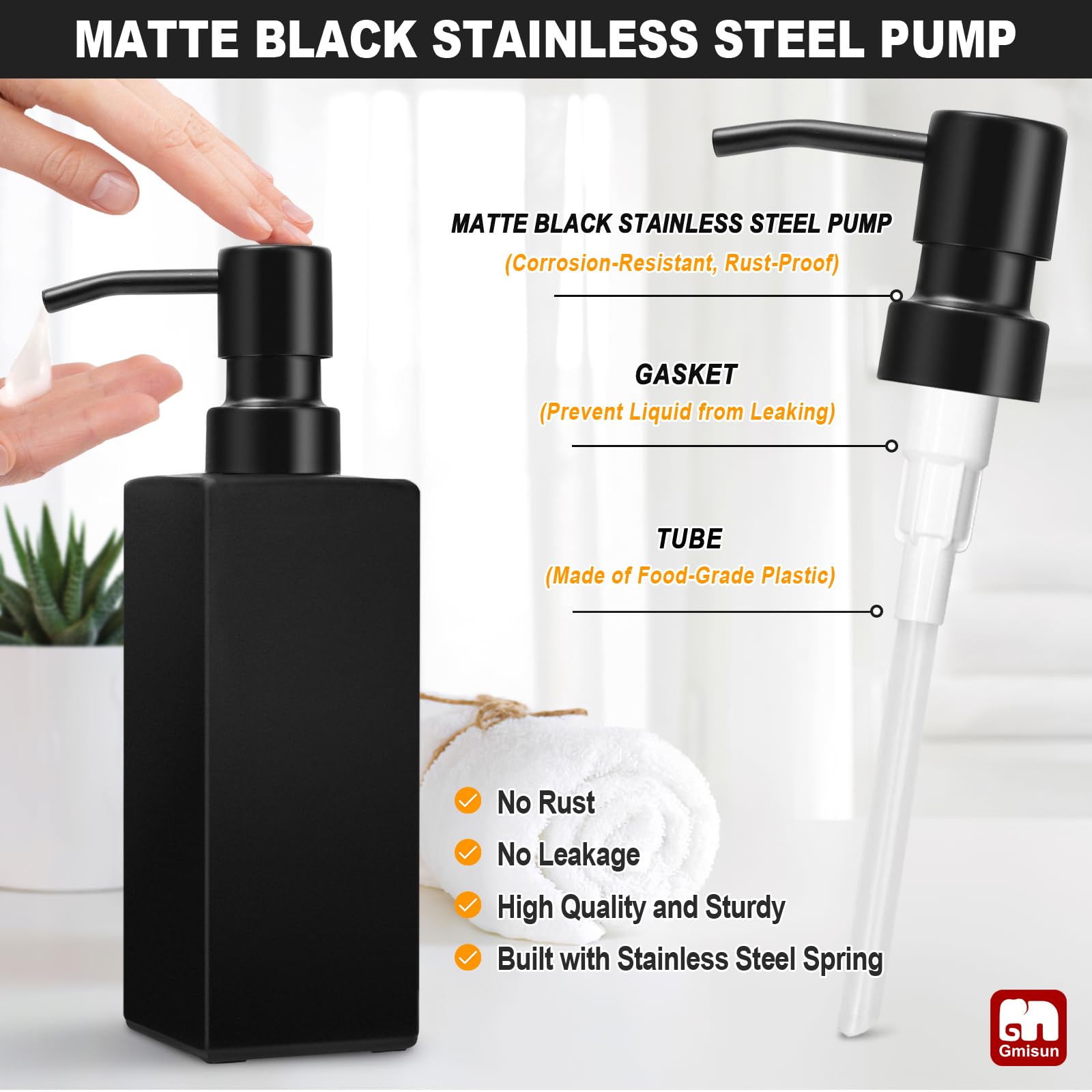 GMISUN Dispensador de jabón negro, dispensador de jabón de manos para baño, dispensador de jabón de vidrio de 12 onzas con bomba de acero inoxidable, dispensador de jabón líquido para cocina, juego de