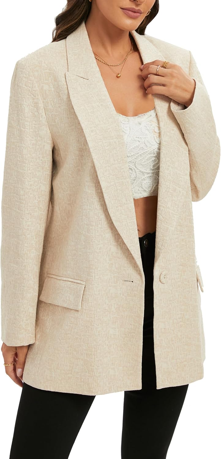 TRNY Womens Long Blazer - Linen Blazer Jackets with Textured Jacquard Long Sleeves Peak Lapel Suit for Work Casual Office