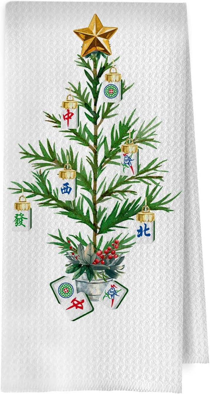 Christmas Mahjong Kitchen Decor - Mahjong Gifts Waffle Decorative Dish Towels for Kitchen, Mah Jong Hand Towel, Christmas Tree Tea Towel, 16x24 Inches