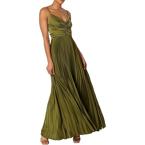 LASPIA Women's Pleated Dress Formal Adjustable Spaghetti Strap Maxi Solid Bridesmaid Evening Party Dresses