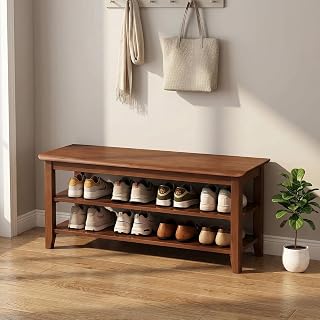 latifolia Shoe Rack Bench, Height Adjustable Solid Wood Shoe Bench, 3-Tiers Shoe Storage Bench for Entryway, Hallway, Walnut, 39.37''