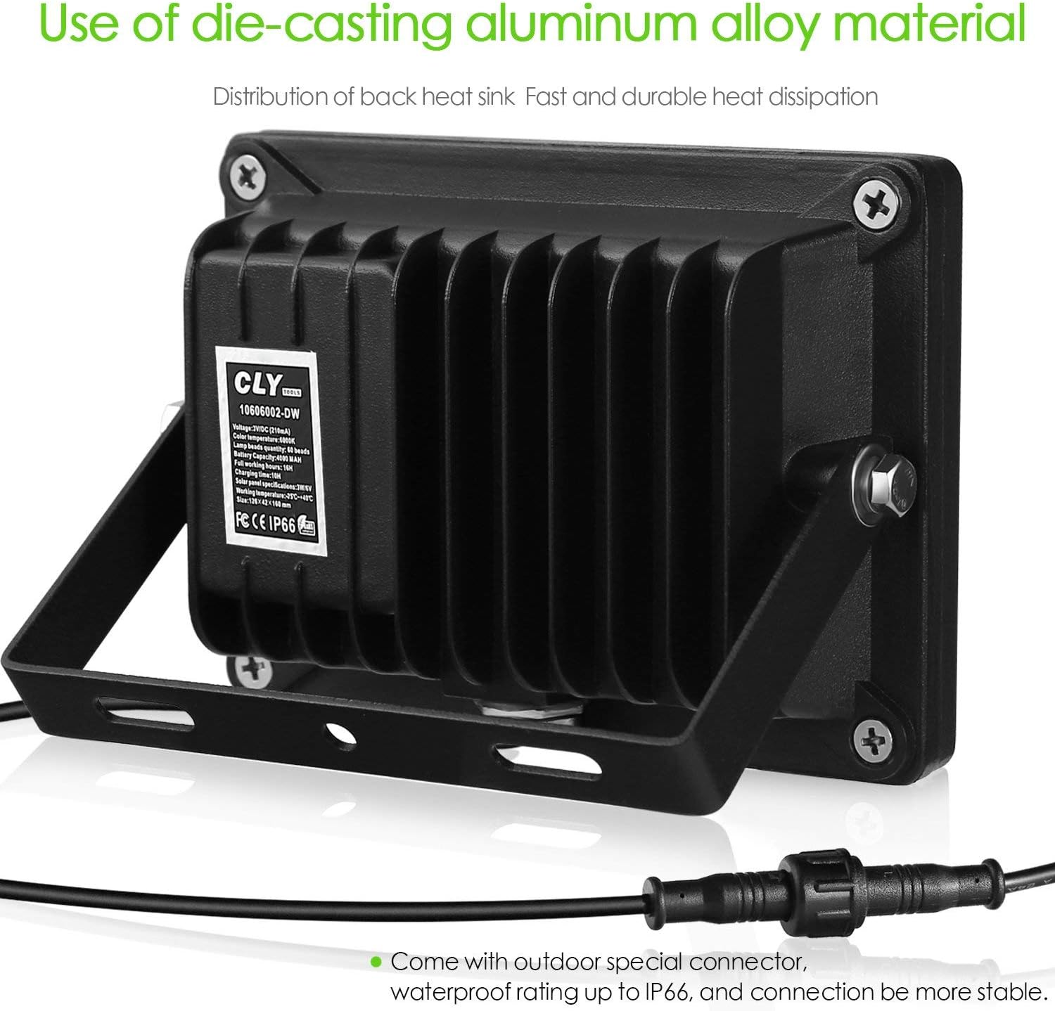 Back of the CLY flood light showing heat sink and waterproof connector