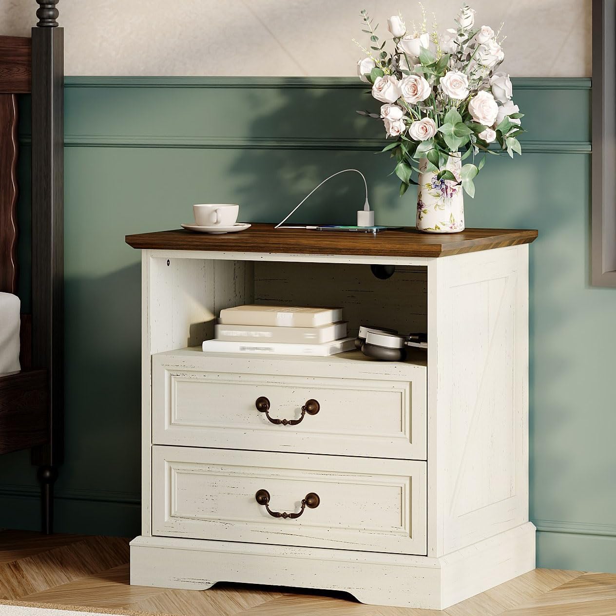 Bedroom Night Stand with Charging Station, White Night Stand with Storage Drawers and Open Compartment, Modern Bed Side Tables Bedroom, Vintage End Table with Charging Station for Living Room