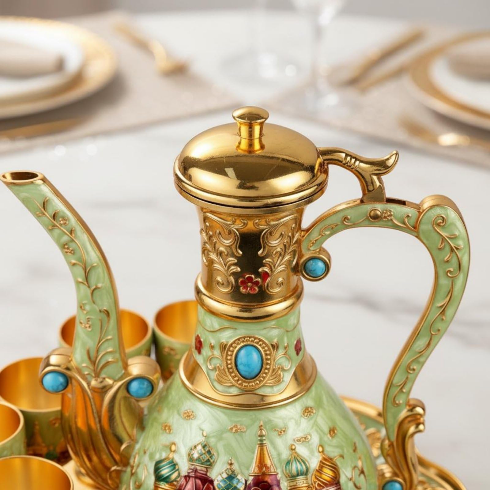 Qianly Bicchiere di Bronzo Set Vassoio Caraffa Bicchieri Calici Set per in Lega di Zinco con Accenti Profondi E Aspetto d'Epoca per Esposizione Elegante E, Antique Copper