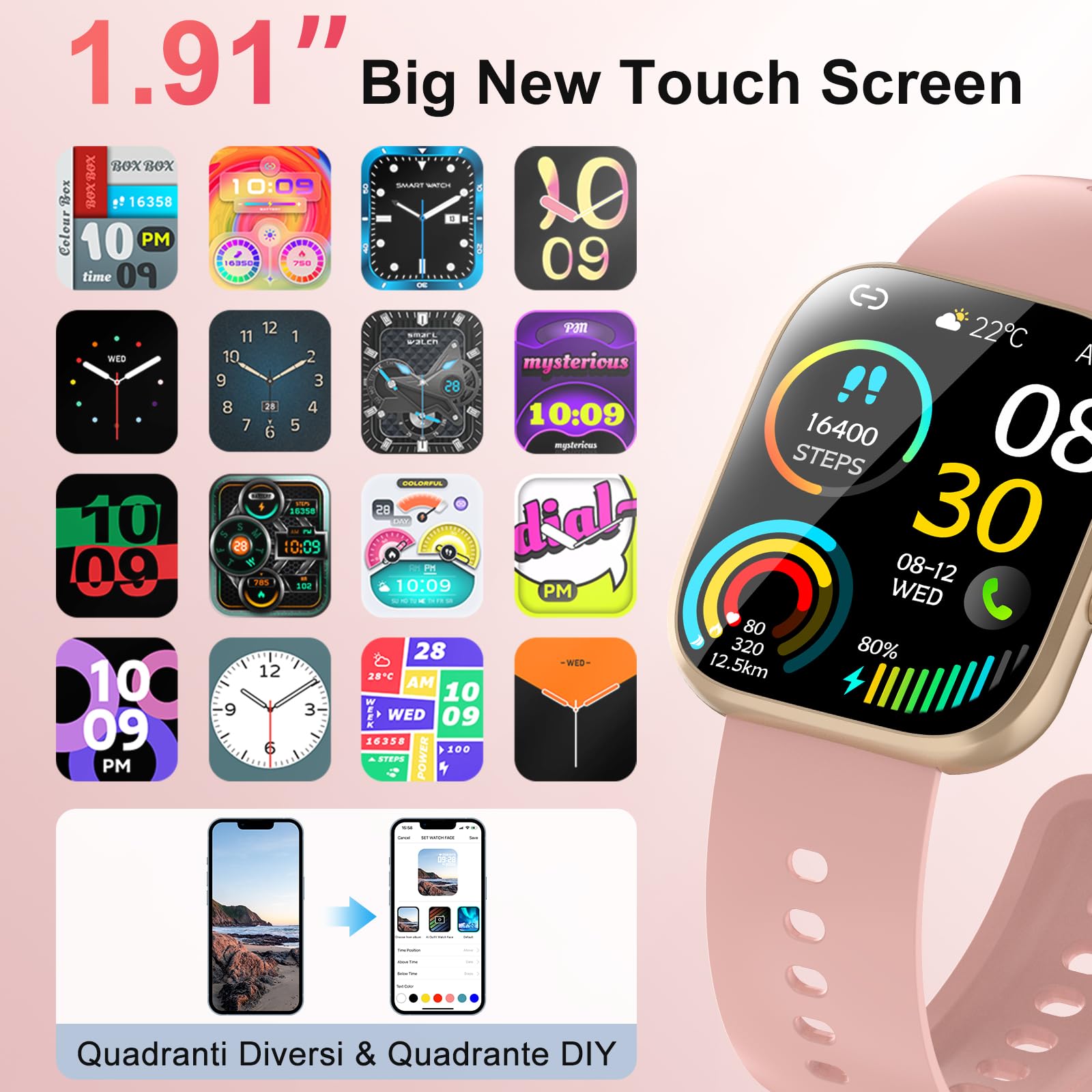 VKROBAG Smartwatch Uomo donna Rispondi/Effettua Chiamate, 1.85 Schermo Smartwatch Orologio Uomo, 112 sportivo, IP67 Impermeabile Sportivo Watch con cardiofrequenzimetro/sonno, Fitness Watch Rosa