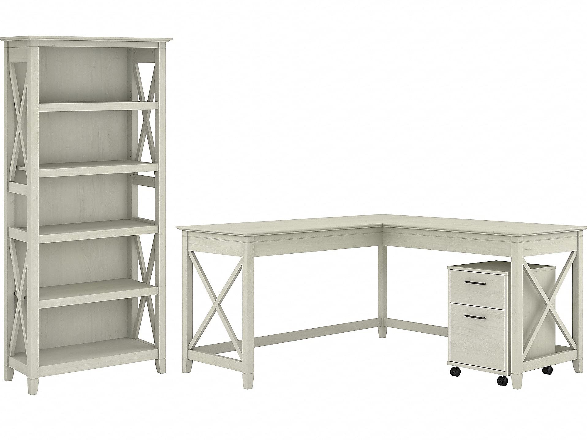 Bush Furniture Key West 60W L Shaped Desk with 2 Drawer Mobile File Cabinet and 5 Shelf Bookcase in Linen White Oak
