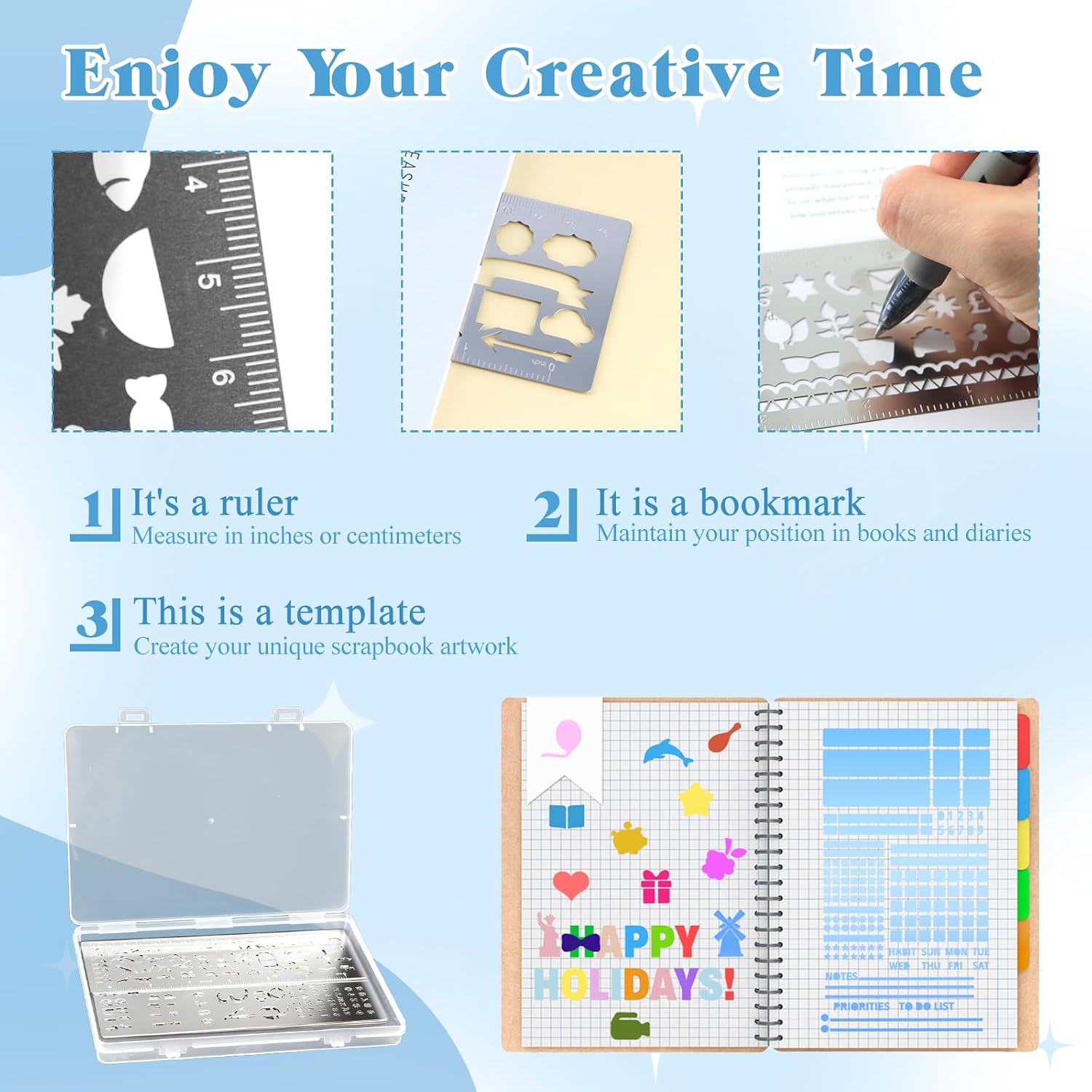 8 Pcs Metal Journal Stencils, Stainless Steel Stencil Bookmarks with Ruler, Journal Style DIY Stencils for Scrapbooking, Wood Carving Engraving, Painting & Planning(Box)