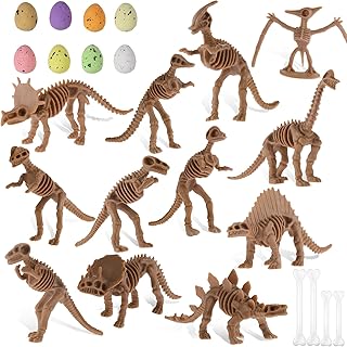Sratte 24 Pcs Dinosaur Fossil Skeleton Dino Bones Sand Dig Colorful Foam Dinosaur Eggs and 4 White Plastic Bones Toys for Kids Science Play Dino Sand Halloween Party Decor Supplies(Dark Brown)