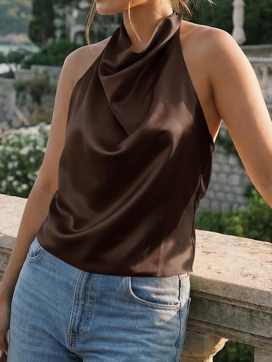 Cicy Bell Women Summer Satin Halter Tank Tops Y2k Going Out High Mock Neck Backless Cami Shirts Cute Party Camisole Tops