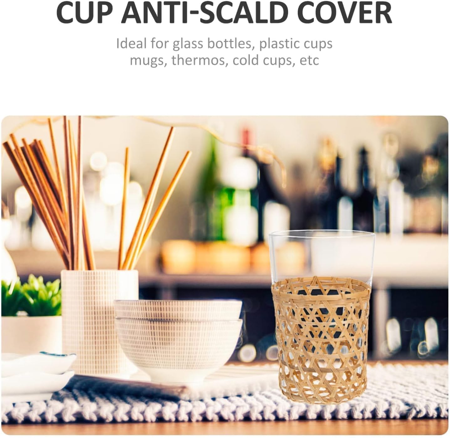 6PCS Hollow Straw Woven Cup Sleeve, Protective Covers Wicker Woven Cup Holders for Glass Bottles Plastic Cups Mug