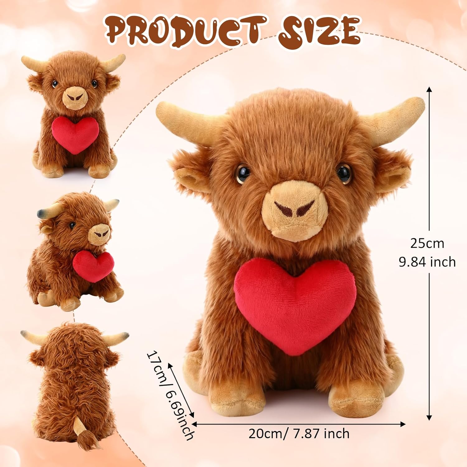 4 Pcs Valentine's Day Love Stuffed Plush Gift, Cute Highland Cow Stuffed Plush with Holding Heart, Animal Love Toys Sweet Romantic Valentines Hugging Gift for Couples Wife Husband