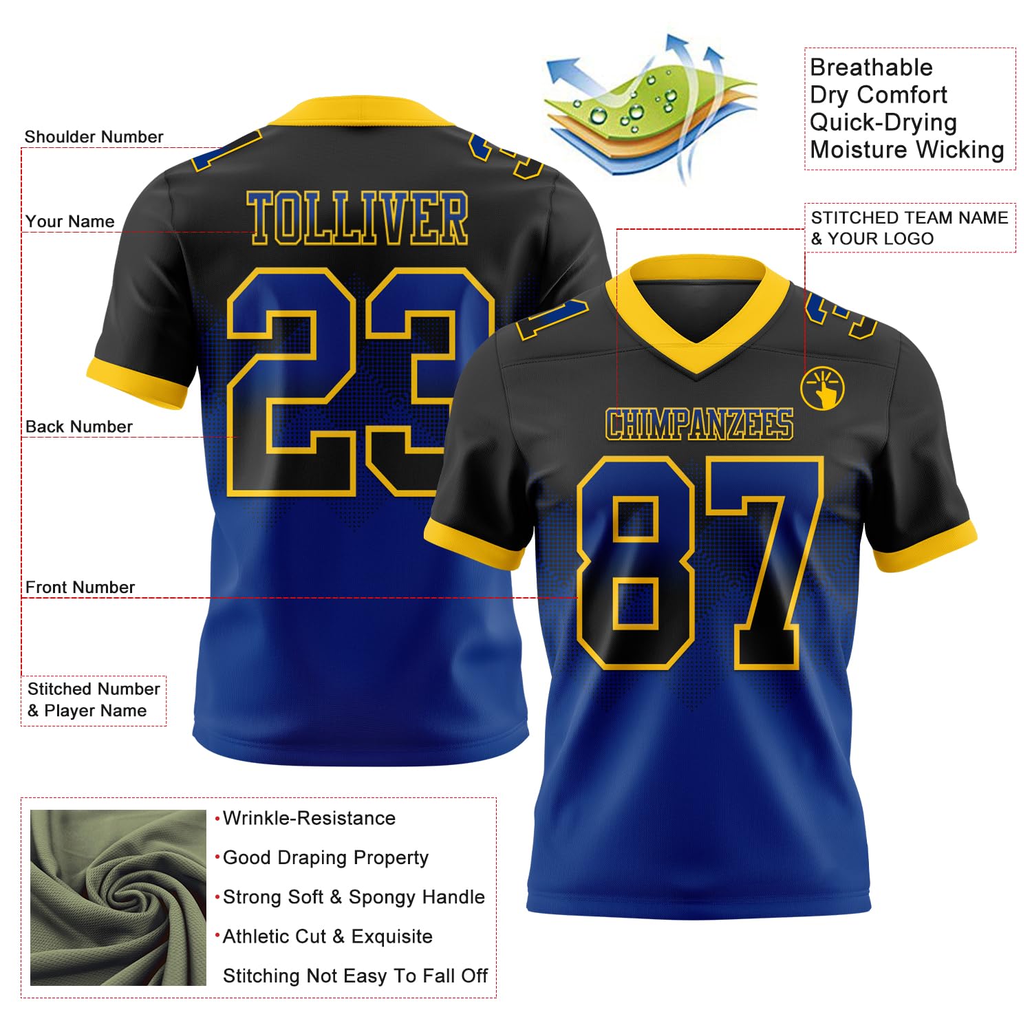 Mens Gradient Style Football Shirts Rhombus Pattern, Custom Blank Black and Royal Rugby Team Jersey with Yellow V-Neck Design for Youth Boys Girls, Personalized Name Number Logo Sports Fans T-Shirts
