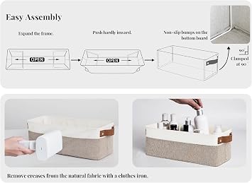 StorageWorks Narrow Storage Bins, Small Baskets, Brown and White, 2-Pack | With Metal Frame, Sturdy Structure, PU Handles, Toilet Paper Storage, Long Storage Bins for Bathroom, Closet, Shelf