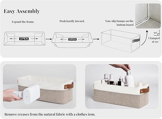 StorageWorks Narrow Storage Bins, Small Baskets, Brown and White, 2-Pack | With Metal Frame, Sturdy Structure, PU Handles, Toilet Paper Storage, Long Storage Bins for Bathroom, Closet, Shelf