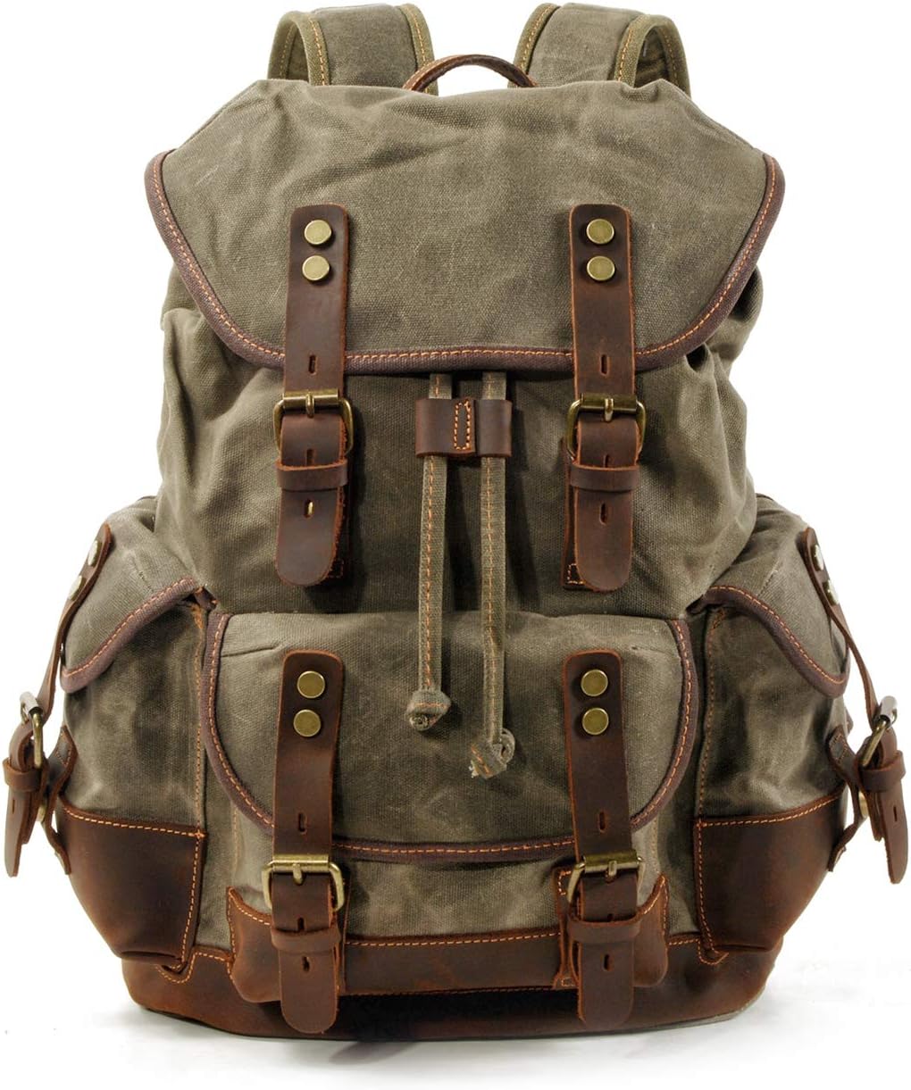 Men Travel Backpack, Genuine Leather-Waxed Canvas Shoulder Hiking Rucksack