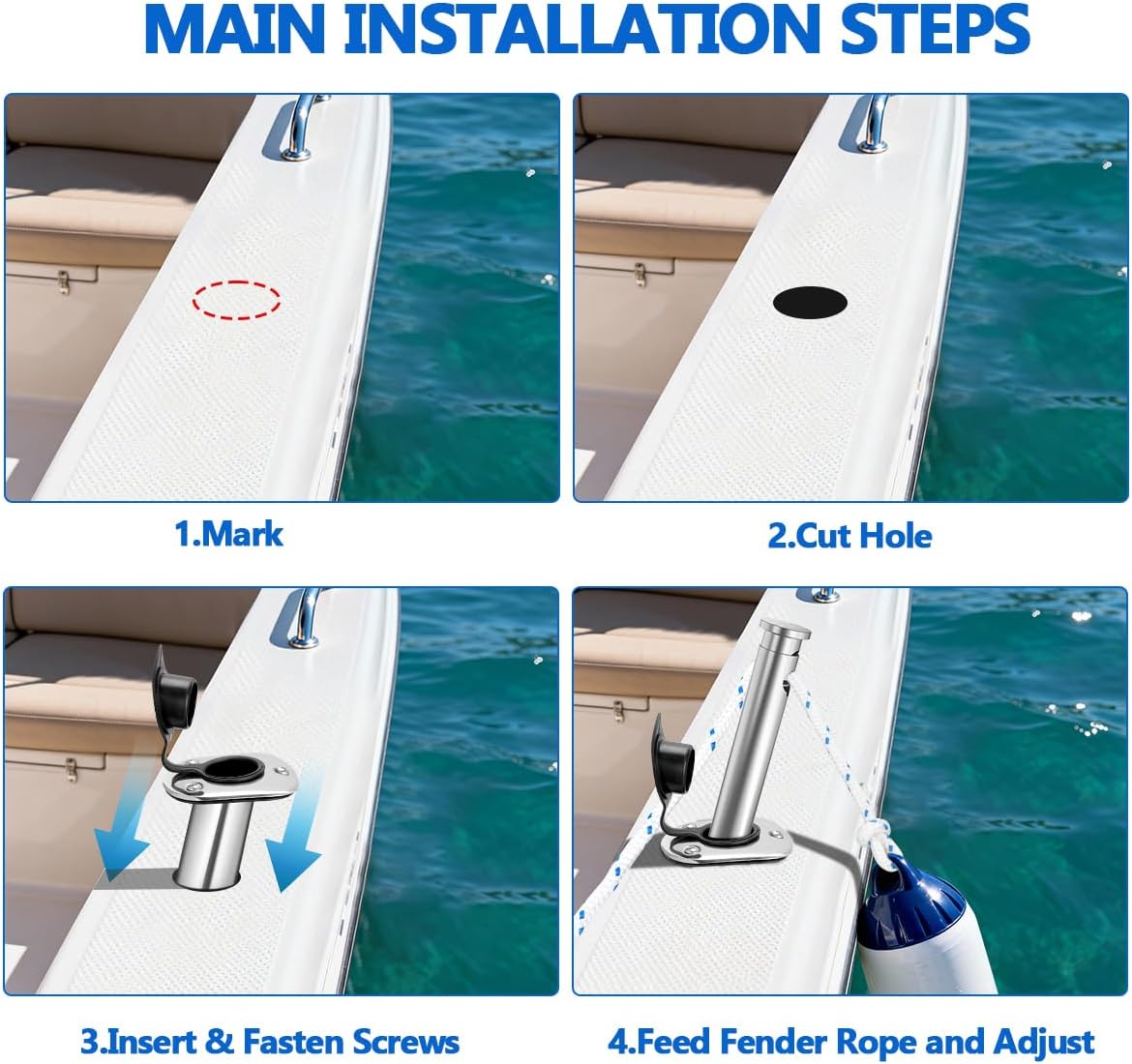304 Stainless Steel Boat Fender Holder, Adjustable Flush Mount Rod Holder Insert for Fender Lines, 15° Marine Fender Cleat for Pontoon, Yacht, Docking