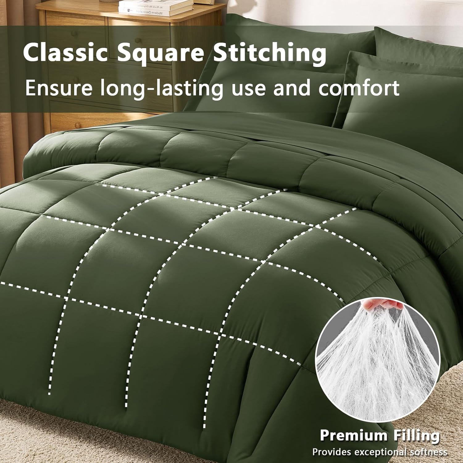 CozyLux Full Size Comforter Sets Olive Green - 7 Pieces Bed in a Bag Full, Oeko-Tex Certified Bed Set, All Season Soft Bedding Set with Down Alternative Comforter, Sheets, Pillowcases & Pillow Shams - Image 4