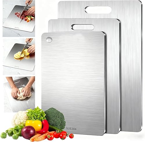 Juego de 3 tablas de cortar de acero inoxidable para cocina, juego de tablas de cortar antiadherentes de acero inoxidable 304, aptas para