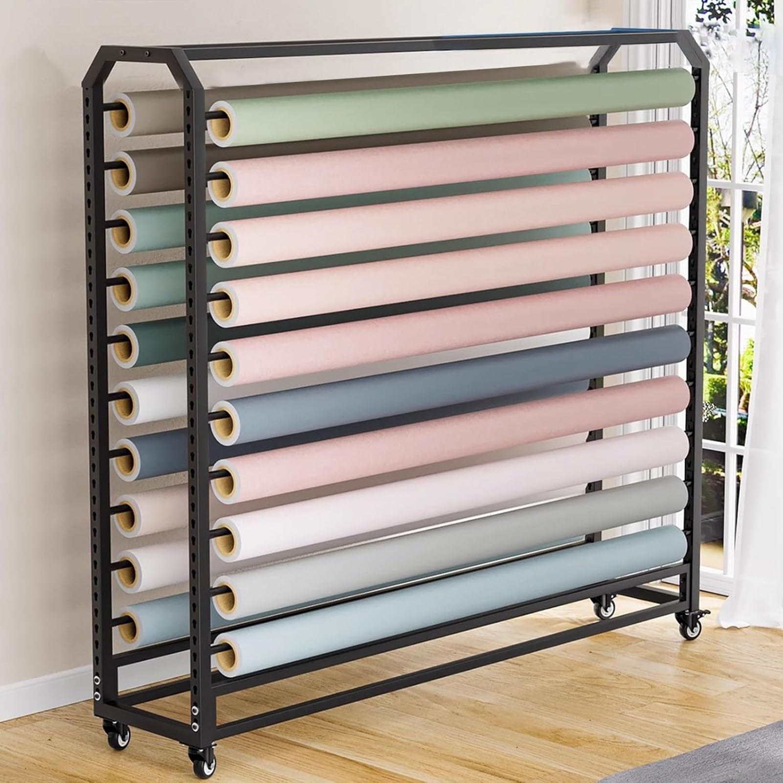 Large Metal Wallpaper Display Rack Cart with Adjustable Hanging Rod, Commercial Organizer Holder for Vinyl Roll/Car Color Change Film/Tablecloth/Wrapper/Wallpaper, Save Space(8 rods,H210cm-W160cm)