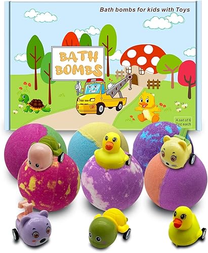 Bombas de baño de 7 onzas para niños con juguetes en el interior del automóvil, sorpresa, paquete de 6 bombas de baño de burbujas naturales para