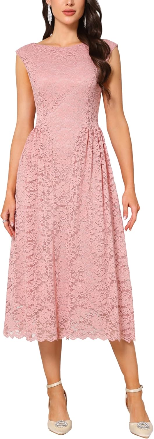 Womens' Wedding Guest Lace Dress 2025 Boat Neck Vintage Formal Evening Cocktail Midi Dresses