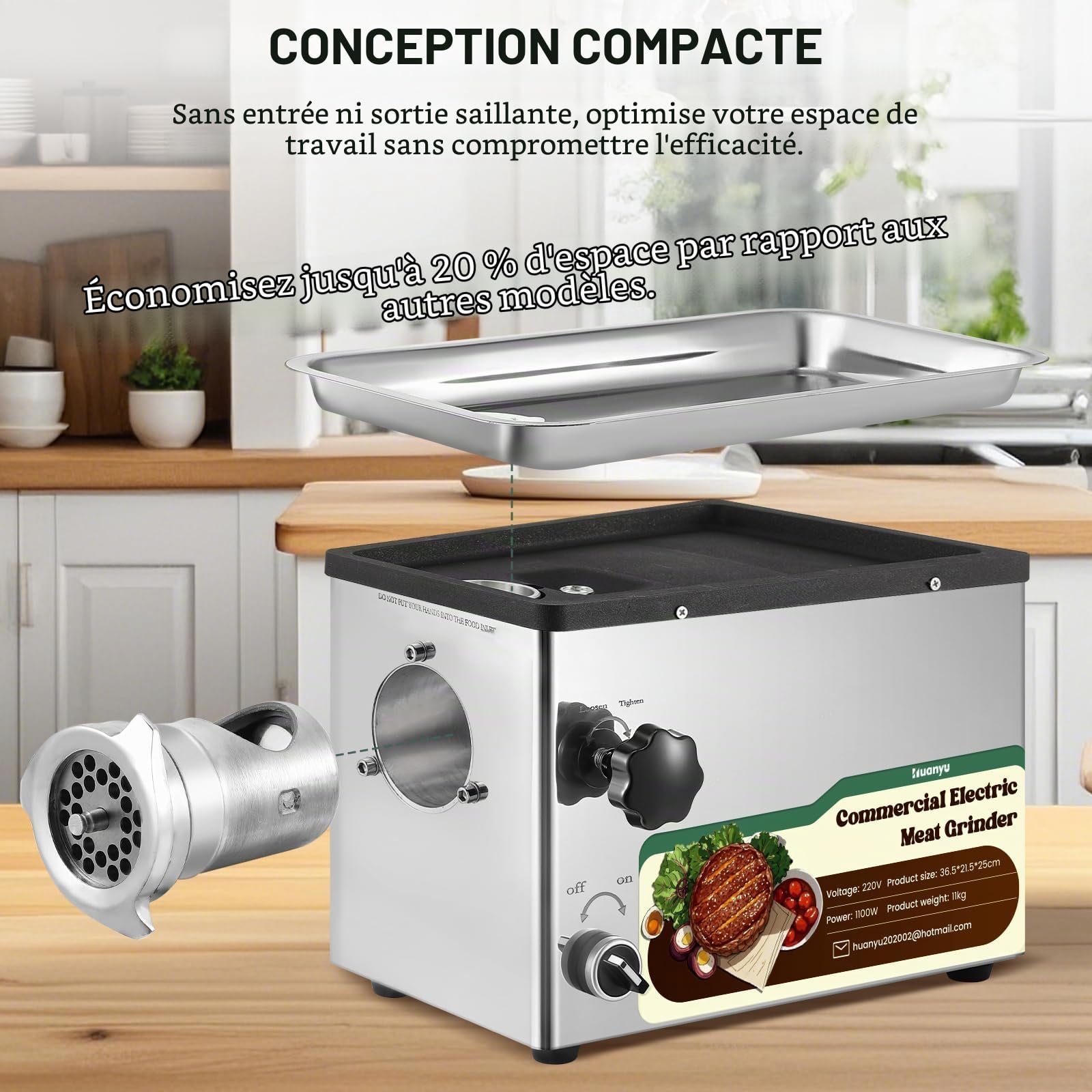 Huanyu Hachoir Électrique Hachoir a Viande Electrique Commercial 1100W Multi-fonctions Hachoir a Viande avec Poussoir a Saucisse Hachoir Électrique Viande avec 2 Lames et 4 Plaques de Coupe