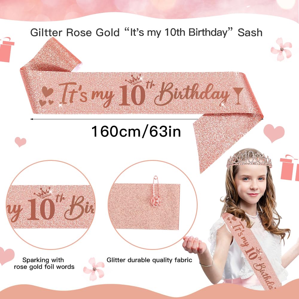 10 Anni Decorazioni Compleanno Ragazze, 10° Fusciacca e Diadema Oro Rosa Compleanno, Happy Birthday Cake Topper, Candele di Compleanno Numero e Palloncini, Regalo Ragazza 10 Anni