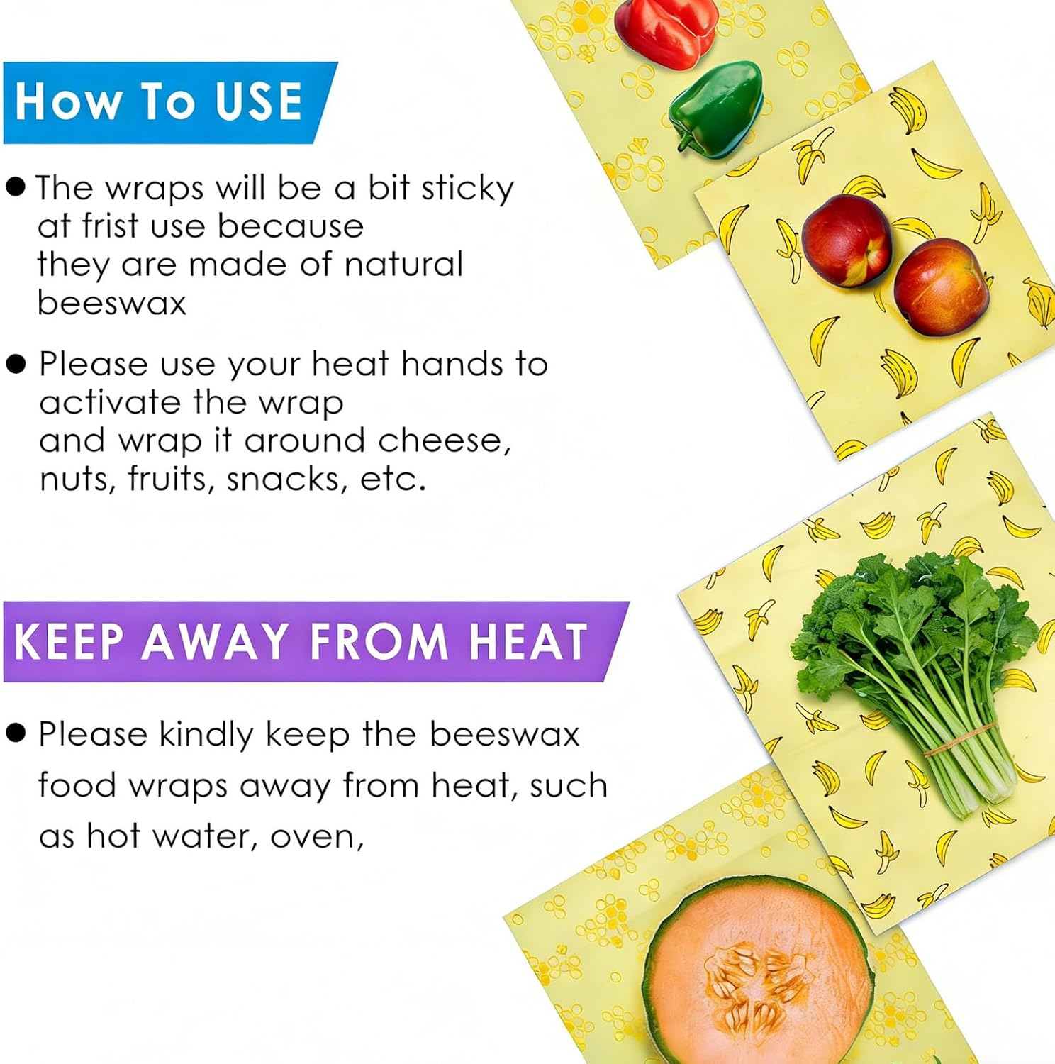 PACETAP 4-Pack Organic Beeswax Wraps, Reusable Food Wraps, Sustainable Beeswax Paper for Food Storage Cloth Wraps for Sandwich, Cheese, Fruits, and Vegetables (2 Large 35cm + 2 Small 18cm)