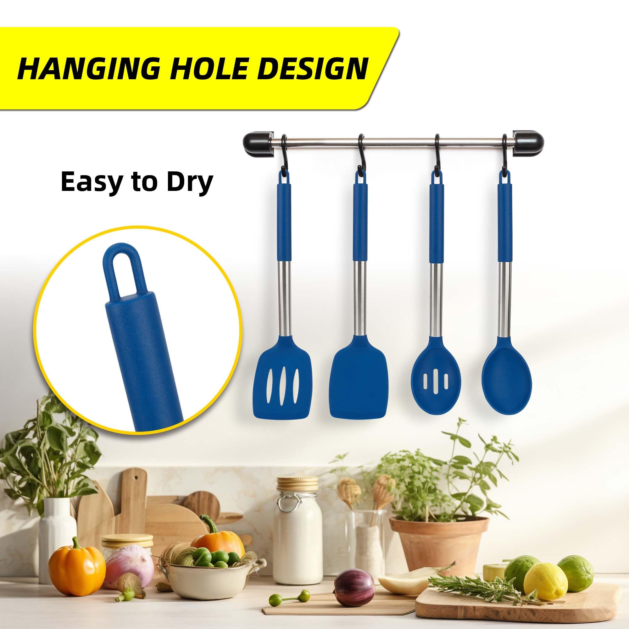 Juego de 4 utensilios de silicona, espátulas sólidas antiadherentes, cucharas ranuradas con mango de acero inoxidable, espátulas para cocinar, freír, mezclar, servir, color azul