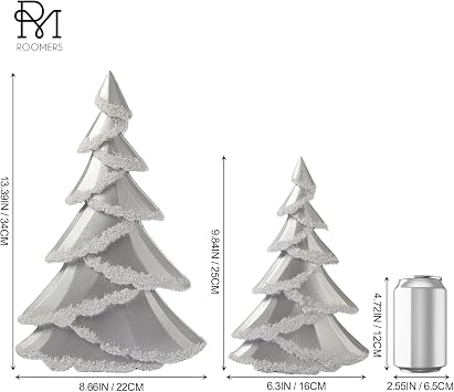 RM ROOMERS Christmas Tree Figurines, Tabletop Christmas Trees, Set of 2 Sparkling Glittered Silver Statues - Wooden Decorative Centerpieces for Desk, Mantel, Entryway, Rustic Holiday, Home Decor