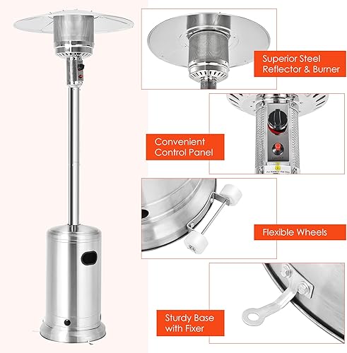 Miniatura 3 de Giantex Calentadores de patio para uso en exteriores, calentadores de propano de 48000 BTU con ruedas, lámpara de calor para exteriores de acero