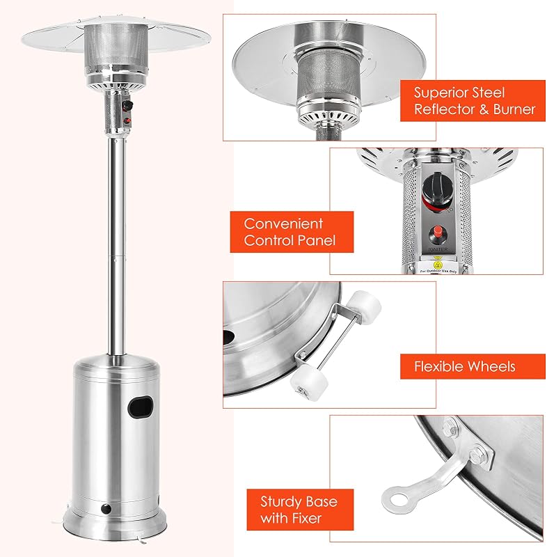 Giantex 48000 BTU Propane Outdoor Patio Heater With Wheels, Stainless Steel Heat Lamp, Trip-over Protection & CSA Certified for Commercial and Household Use (Silver) image 3