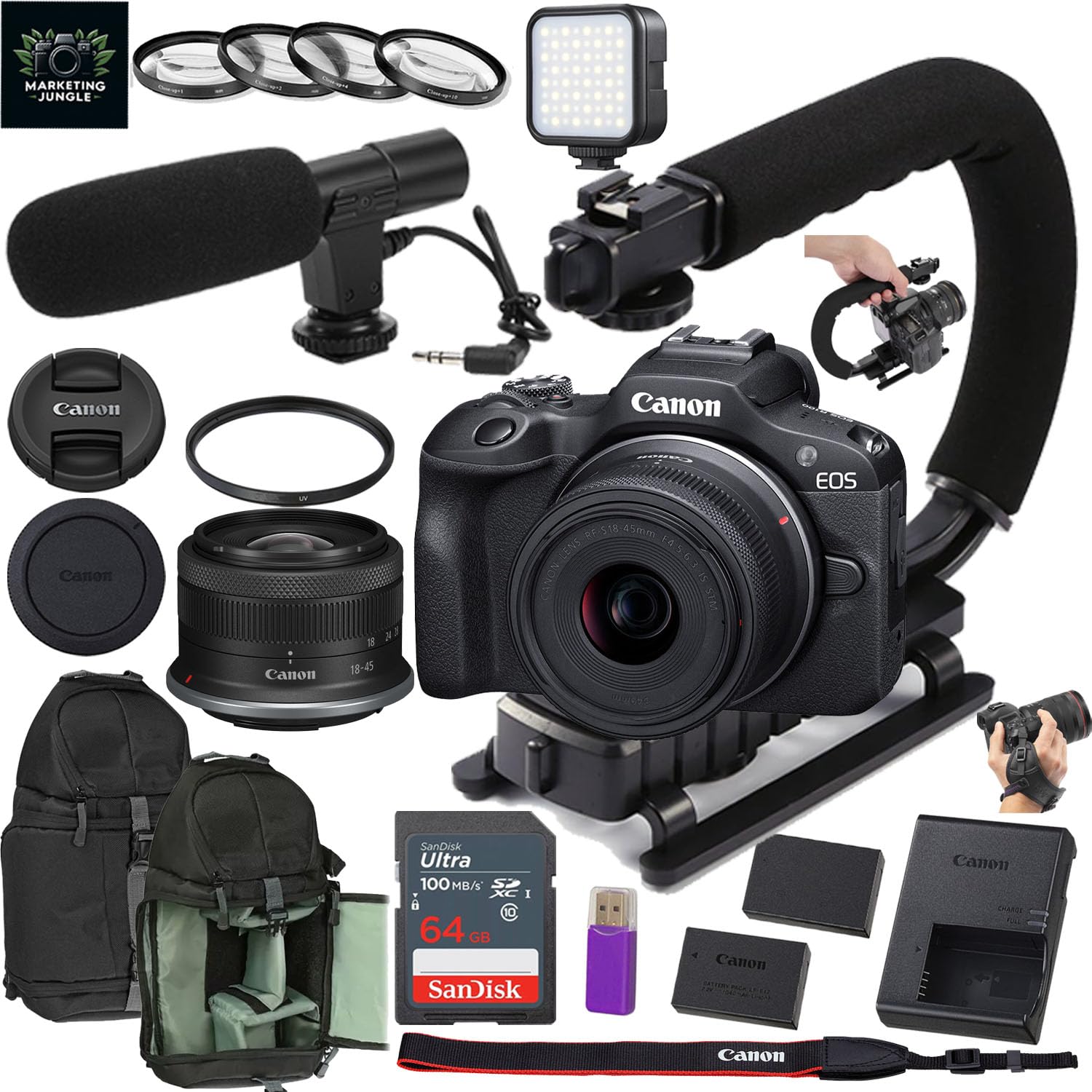 Canon EOS R100 Mirrorless Camera w/Canon RF-S 18-45mm f/4.5-6.3 is STM Lens + Camera Sling Backpack + Extra Battery + 64GB Memory + More (19pc Bundle) (Renewed)