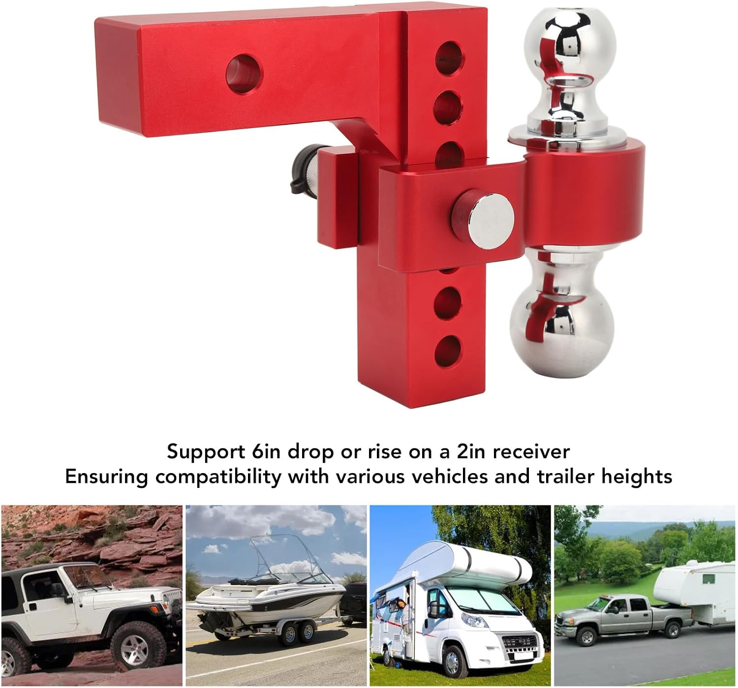 Adjustable Trailer Hitch 6in Drop or Rise, Heavy Duty Stainless Steel Receiver Hitch Kit with 12500LBS Capacity for 2in Truck Towing RV Boat Trailer (Red)