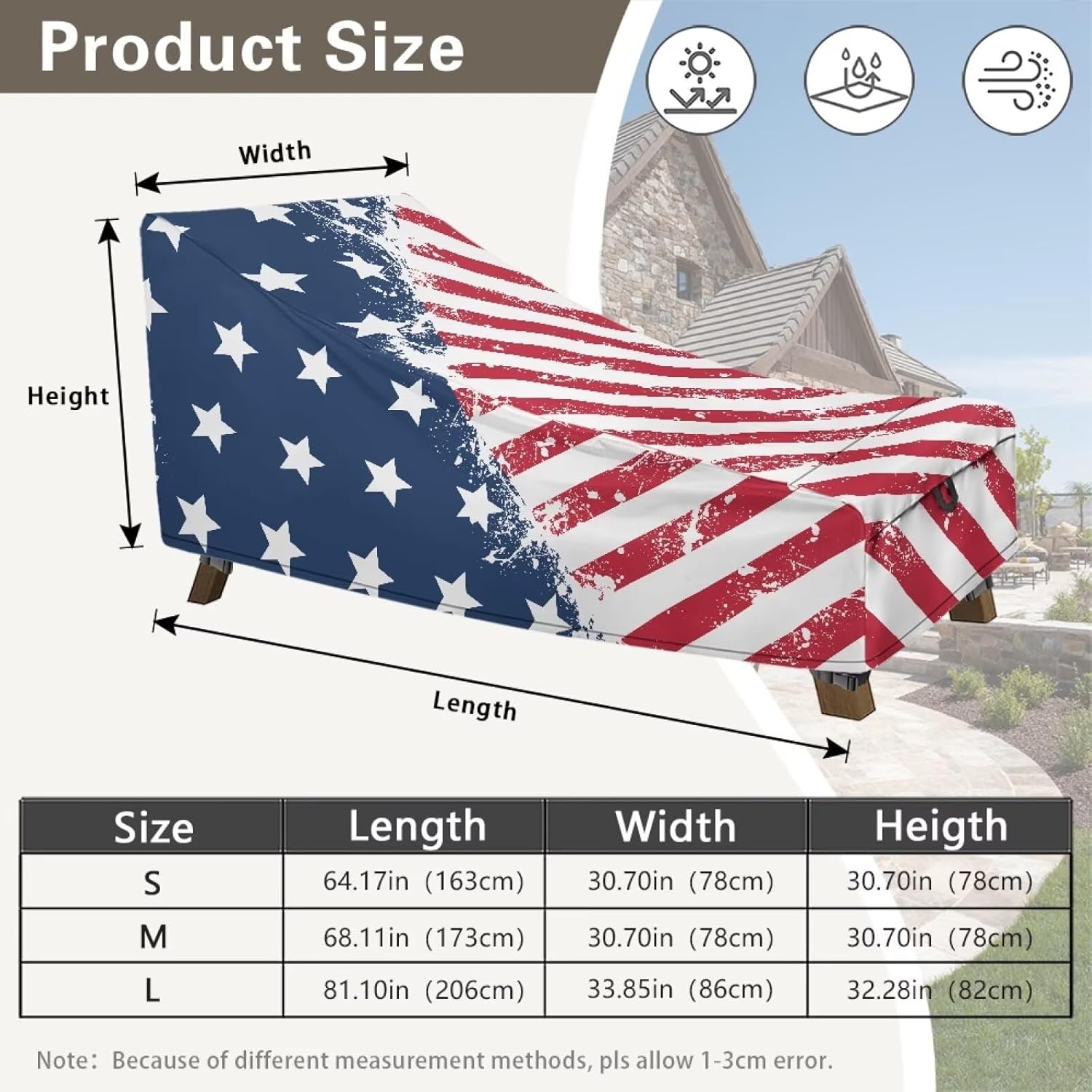 Stars and Stripes Chaise Lounge Outdoor Cover Patio Furniture Covers Washable Waterproof Outdoor Lounge Chair Cover with Buckle Tape Anti Slip Pool Chair Covers 81"Lx33"Wx32"H