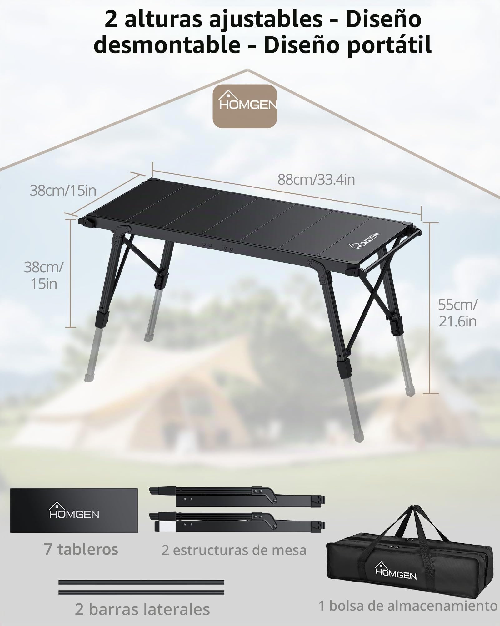 HOMGEN Mesa Camping Plegable IGT 3.5 Unidades Mesa Cocina Exterior Ajustable en Altura 38 a 55 cm Mesa Portátil Aluminio Ligera con Barras Laterales Mesa Picnic Barbacoa Car Camping Modular